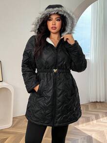 SHEIN EZwear 女士加大码长袖拉链前拼接毛茸茸连帽休闲冬季夹克 - 黑色 - 查看 3