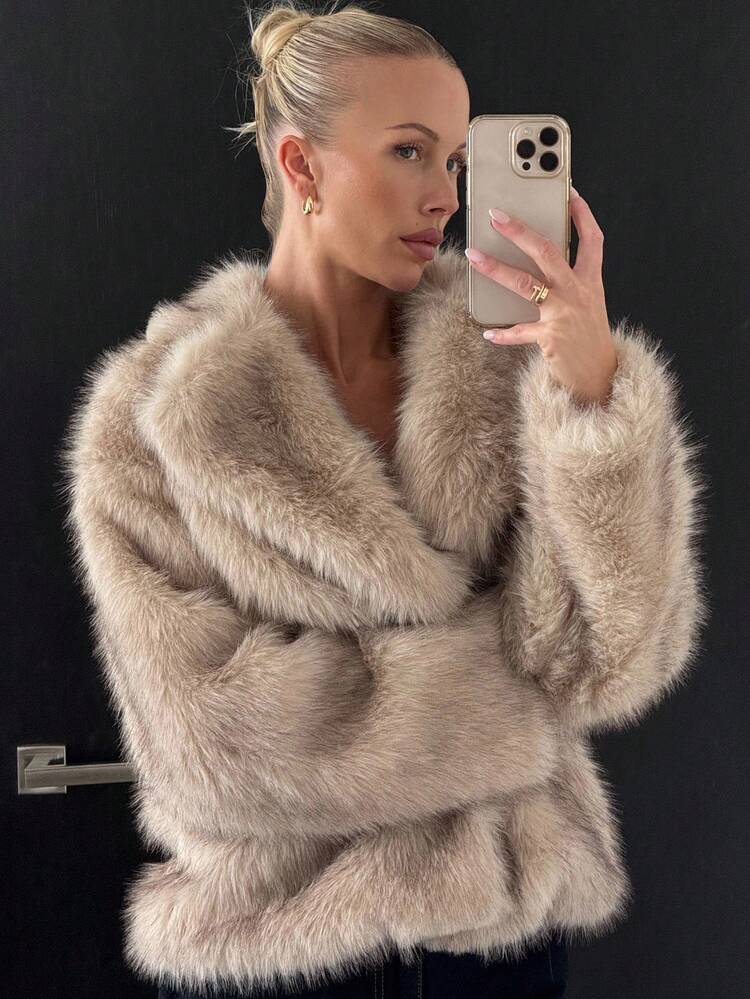 Plus Size Women Faux Fur Loose Lapel Cardigan Jacket, Autumn/Winter Women Coats