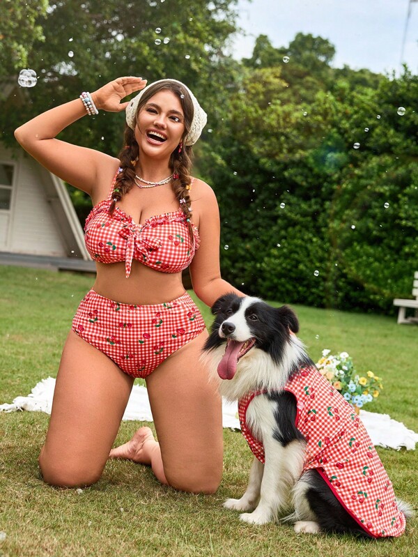 Swim Mod Plus Size Women Plaid Print With Ruffle Trim Detachable Strap Swimsuit And Matching Print Triangle Bottoms Beachwear Set