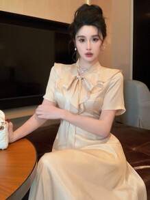 DAZY 1 chiếc váy dài vừa phải màu trơn có nơ và viền bèo nhún dành cho nữ, phong cách thanh lịch cho đầm dạ hội mùa hè - Màu be - Xem 6