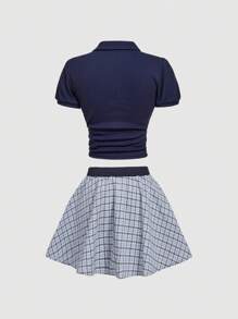 SHEIN MOD Navy Check Pattern T-Shirt And Mini Skirt Set For Women, Back To School Outfit - Navy Blue - View 2