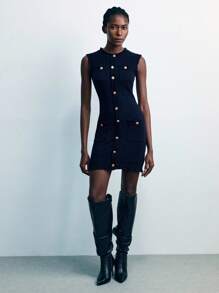 Maija Women's Solid Color Sleeveless Knitted Summer Dress Button Dress Jeans Dress Woman Polo Dress Vest Dress Mini Dress Going Out Tops Airport Outfit Women Business Casual Woman Office Outfits For Women Work Clothes Women Teacher Outfits For Women Teacher Shirts Teacher Outfits Off The Shoulder Fall Sweaters Formal Dresses For Wedding Guest  Sweater Dresses