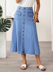 EMERY ROSE Chân váy denim đơn hàng túi hộp thường ngày cho nữ - Màu xanh lam - Xem 1