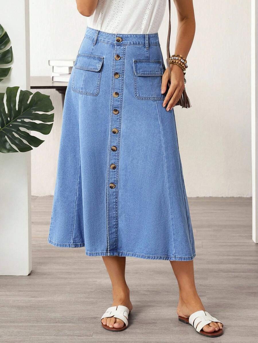 EMERY ROSE Chân váy denim đơn hàng túi hộp thường ngày cho nữ - Màu xanh lam - Xem 1