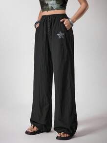 Umamao Estudio Black Lightweight Sporty Star Graphic Streetwear Style Women's Casual Loose Pants Suitable For Fall Winter Music Festival Rave For Women Pants And Top Women's Summer Pants Y2K 2000s Back To School Club Outfits Women Sexy - Black - View 5