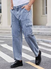 Manfinity VCAY Pantalones vaqueros cargo de pierna ancha con bolsa de solapa para hombres