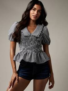 MISSGUIDED Gingham Check Smocked Blouse Puff Sleeve Peter Pan Collar Summer Spring Cottage Core Vintage Inspired Ruffle Peplum Top - Black and White - View 1