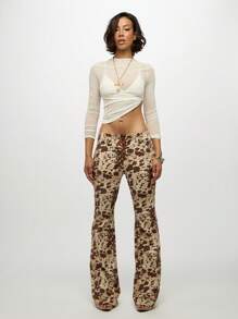 SUMWON WOMEN Flare Jeans Cow Print High Rise Western Boho Festival Lace Up Front Denim Pants Fall Winter Fashion Bell Bottom Y2K Retro Style - Multicolor - View 3