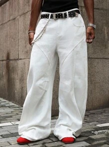 PAVTROS Manfinity Streetrush White Pleated Wide Leg Relaxed Fit Deconstructed Asymmetric Hem Jeans - White - View 5