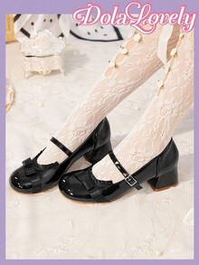 Dola Lovely 女士蝴蝶结玛丽珍鞋，圆头扣环厚底高跟鞋，时尚百搭白色鞋子 - 黑色 - 查看 4