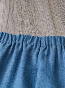 SHEIN PETITE 2 件大码女式纹理面料盖袖上衣和裤子休闲套装，秋季 - 藍色 - 查看 3