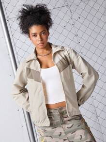 SHEIN Sports Women's Color Block Splice Casual Sports Jacket - Apricot - View 3