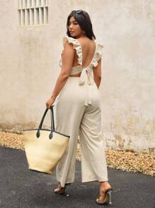 Elaquor Plus Size Solid Color Backless Jumpsuit, Casual Holiday Style - Apricot - View 5
