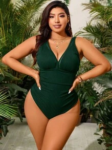 Swim Lushoire Plus Size Women's Solid Color Ribbed One-Piece Swimsuit For Summer Beach Vacation