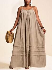 Veslaya Vestido holgado de color albaricoque con tirantes sin mangas, con bolsillos, dobladillo con volantes en capas, tela con textura tejida, vestido de talla grande - F, nueva colección Primavera/Verano 2025