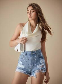 Selenza Casual damesspijkershort met versleten zakken, gerafelde zoom en imitatiepareldecor