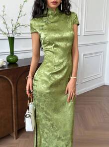 EastFlair Traditional Chinese Style Stand Collar Patterned Satin Jacquard Long Split Qipao Dress In Red - Green - View 6