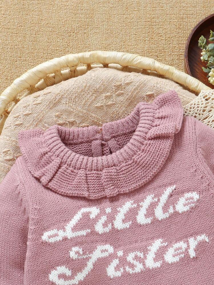 SHEIN Newborn Baby Knitted Romper With Floral Lace Collar, Casual English Letter Intarsia Design, Soft & Adorable Overall Jumpsuit Baby Girl Knit Romper Baby Knit Jumpsuit Little Sister Romper Baby Girl Winter Romper Baby Girl Long Sleeve Romper Newborn Baby Girl Clothes Newborn Knitted Romper Newborn Cozy Knitted Sweater Newborn Autumn And Winter Clothes Little Sister Newborn Baby Pink Bow Baby Outfit Baby Girl Long Sleeve Outfit Newborn Girl Winter Sets Fall - Pink - View 8