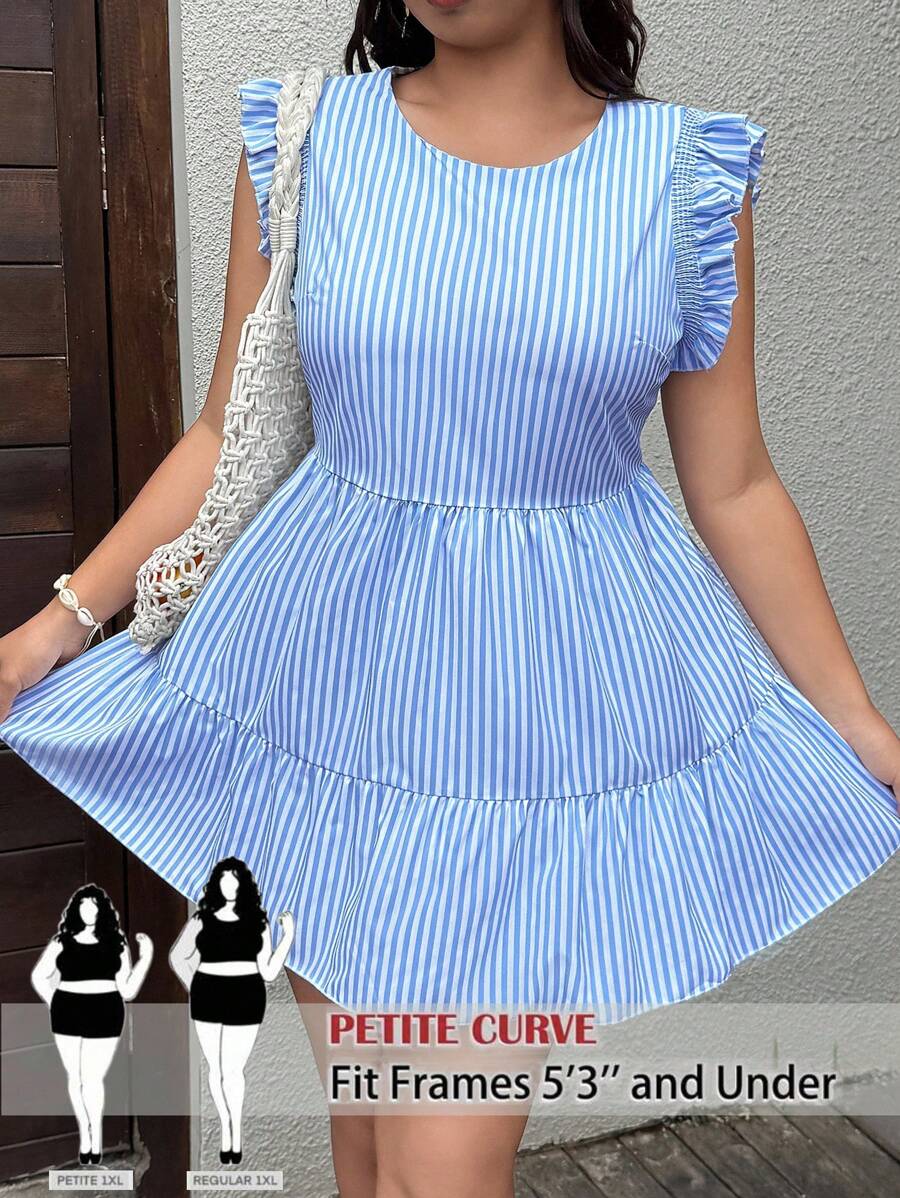 SHEIN PETITE Plus Size Women Striped Cap Sleeve A-Line Dress - Blue - View 1