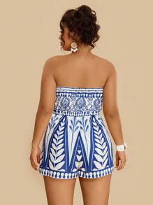 SHEIN VCAY Plus Size Women's Casual Tropical Geometric Hand Painted Print Halter Jumpsuit/Romper, Suitable For Summer & Autumn