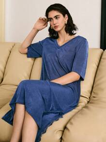 Moireta Camisón informal de verano de unicolor para mujer con adorno de encaje y abertura lateral