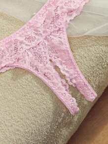 SpicyHot 2pcs/Set Women Lace Embellished Underwire Bra And Open-Crotch Panty Lingerie Set Pink Lace Lingerie Set Lace Thong Set, Going Out - Pink - View 4