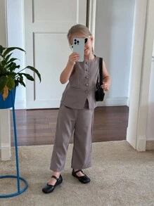 SHEIN 年轻女孩通勤休闲纯色梭织无袖圆领上衣和直筒裤套装，法式 - 卡其色 - 查看 5