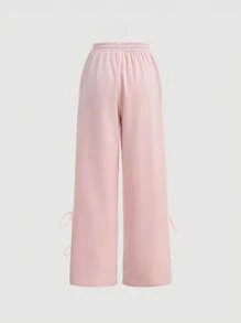 SHEIN MOD Pantalones de pierna ancha con lazo floral rosa para mujer, ideales para verano, vacaciones y playa con estilo vintage - Rosa - Ver 2