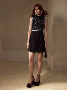 MOTF PREMIUM 撞色亮片饰带细节领口无袖短连衣裙 - 黑色 - 查看 5