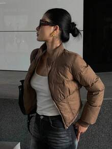 DAZY Vintage Solid Color Cinched Waist Padded Cropped Elegant Padded Coat For Women, Thick & Warm Autumn/Winter Jacket - Brown - View 9