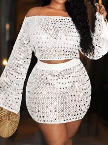 性感闪光针织圆领长袖上衣和紧身迷你裙套装，时尚休闲装，不对称设计 - 白色 - 查看 5