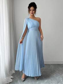 Elenzga Elegant Ladies' Asymmetrical Pleated Collar Dress - Blue - View 4