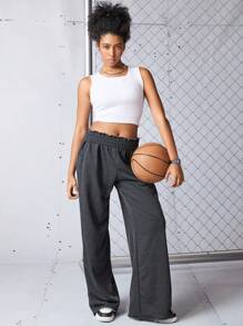 SHEIN Sports 女士松紧腰侧口袋宽松休闲运动阔腿裤 - 黑色 - 查看 3