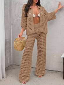 EURMUSE Women Hollow Out Cut Out Button Front Knit Shirt Top And Sweater Pant 2pcs Set Co-Ords Cover Up Beach Set - Camel - View 6