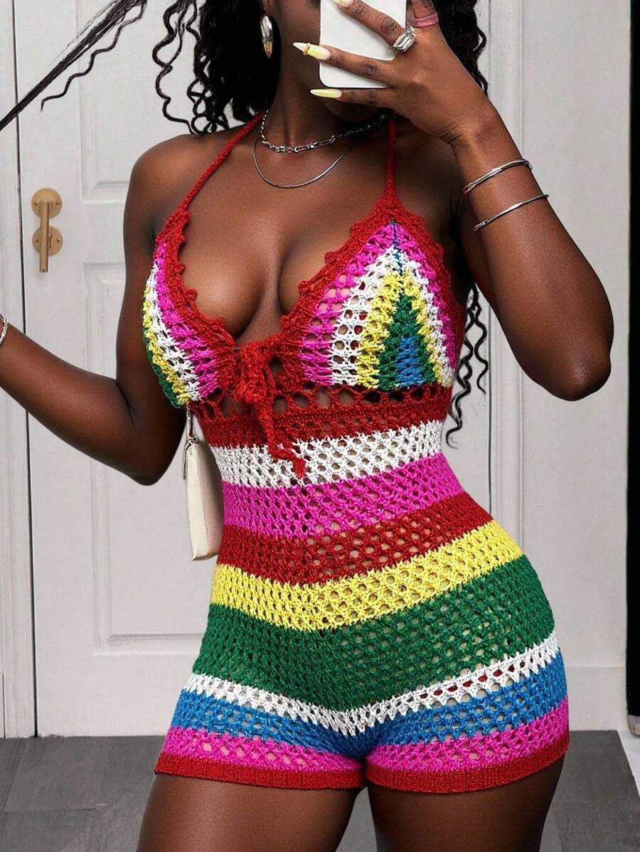 Slaydiva New Summer Leisure Vacation Daily Date Beach Wear Music Festival Suspender Rainbow Striped Crochet Jumpsuit V-Neck Women's Sweater Jumpsuit-A Crochet Swimsuit Rainbow Swimsuit - Multicolor - View 1