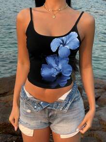 SHEIN EZwear Vintage Style Vacation Blue Floral Print Sexy Spaghetti Strap Women Tank Top, Suitable For Summer Flower Tank Top Suitable For Going Out - Multicolor - View 5