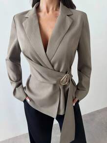 Firerie Veste de tailleur femme avec décoration métallique, imitation lin marron gris / Vêtements femme pour l'automne / Tenues femme pour l'automne / Tenues pour la rentrée / Homecoming / Tenue décontractée chic pour femme / Style "Old Money" pour femme / Tenues de bureau pour femme / Tenues de sortie pour femme - Taupe - Voir 3