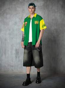 TEENAGE MUTANT NINJA TURTLES | SHEIN Men's Casual Street Cartoon Pizza & Letter Graphic Color Block Loose Fit Shirt, Summer