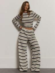 MUSERA Embroidered Elasticated Waist Soft Stripe Wide Leg Trousers Comfy Cute Summer Vacation Holiday Airport Elegant Casual Bottoms Only Collective Office Attire For Women, Office Wear Women Christmas Fall Winter