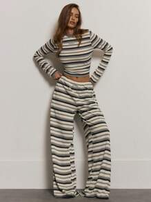 MUSERA' Embroidered Elasticated Waist Soft Stripe Wide Leg Trousers Comfy Cute Summer Vacation Holiday Airport Elegant Casual Bottoms Only Collective Office Attire For Women, Office Wear Women Christmas Fall Winter Thanksgiving