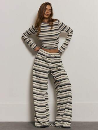  MUSERA' Embroidered Elasticated Waist Soft Stripe Wide Leg Trousers Comfy Cute Summer Vacation Holiday Airport Elegant Casual Bottoms Only Collective Office Attire For Women, Office Wear Women Christmas Fall Winter Thanksgiving