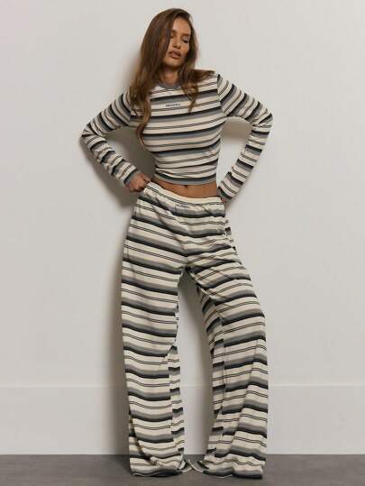 MUSERA Embroidered Elasticated Waist Soft Stripe Wide Leg Trousers Comfy Cute Summer Vacation Holiday Airport Elegant Casual Bottoms Only Collective Office Attire For Women, Office Wear Women  Fall  Spring