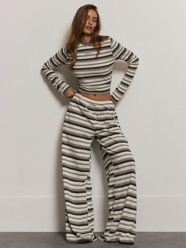 MUSERA MUSERA' Embroidered Elasticated Waist Soft Stripe Wide Leg Trousers Comfy Cute Summer Vacation Holiday Airport Elegant Casual Bottoms Only Collective Office Attire For Women, Office Wear Women Christmas Fall Winter Evening