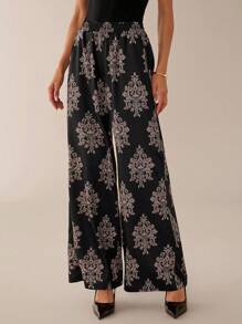 Lilora Women's Vintage Black And Red Print Flared Leg Pants,Boho Wide Leg Pants For Autumn, Elegant Urban Leisure Vacation Holiday Pants - Black - View 1