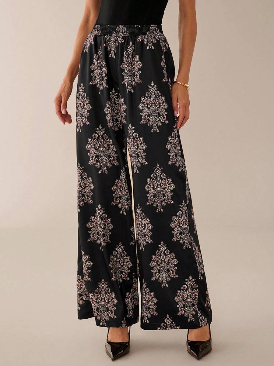 Lilora Women's Vintage Black And Red Print Flared Leg Pants,Boho Wide Leg Pants For Autumn, Elegant Urban Leisure Vacation Holiday Pants - Black - View 1