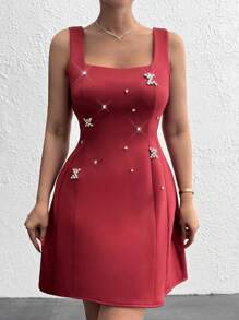 EURMUSE A-Line Shaped Rhinestone Embellishment Princess Line Detailed Mini Elegant Dress, Party Dress - Burgundy - View 3