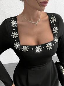EURMUSE Rhinstone Embellishment Detailed Square Neck Long Sleeve Princess Shape Elegant Short Dress - Black - View 5