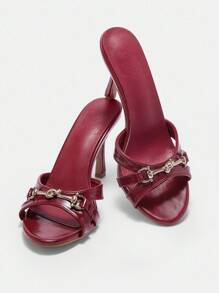 CUCCOO BIZCHIC Women's Solid Color Metal Decor Minimalist High Heel Sandals, Daily Casual Summer BURGUNDY Sandals Spring Shoes Spring Break Easter For Christmas