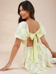 WESTFADE Floral Print Square Neck Ruffle Hem Summer Short Sleeve Dress - Yellow - View 3