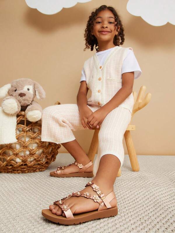 Mini mi #PrincessReady Girls' Floral Decorative Strappy Vegan Leather Rose Gold Buckle Sandals-Comfort For Summer Playdates, Pool Parties, Dressy Occasions